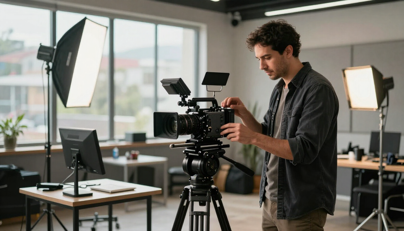 Fotógrafo ajustando una cámara en un trípode en un estudio luminoso con luces softbox