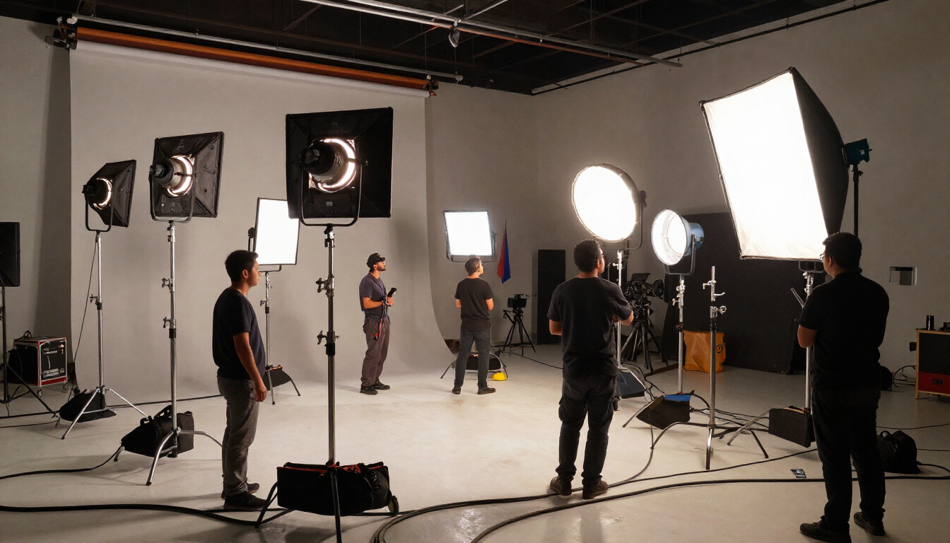 Equipo de rodaje en un plató con grandes focos, soportes y miembros del equipo preparando una filmación.
