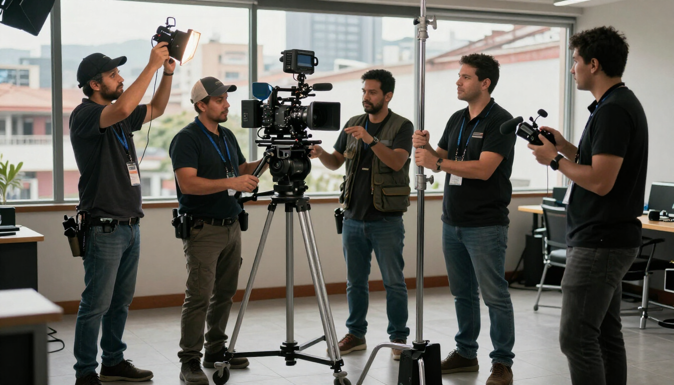 Equipo de rodaje ajustando una cámara sobre un trípode en un estudio luminoso con grandes ventanales