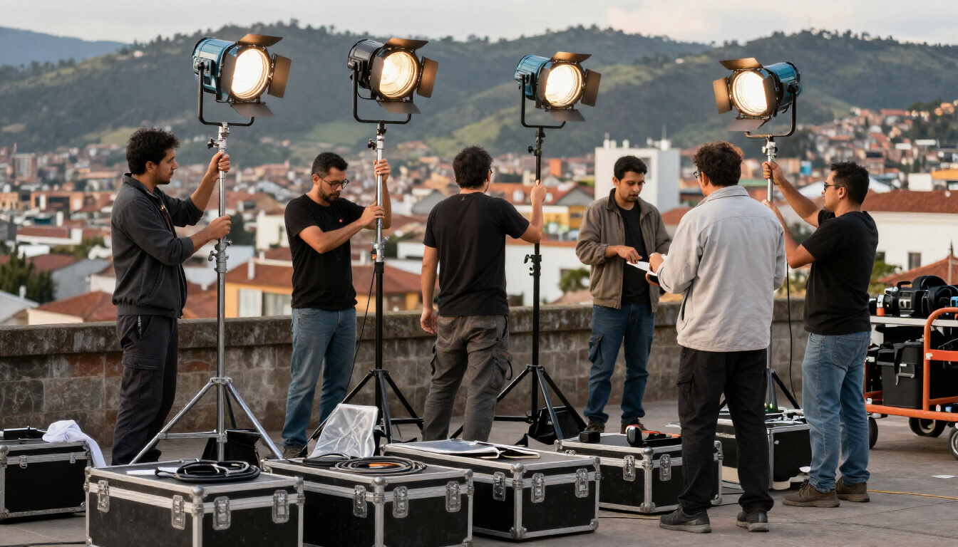 Equipo de rodaje preparando la iluminación del estudio en una azotea, con la ciudad y las colinas de fondo