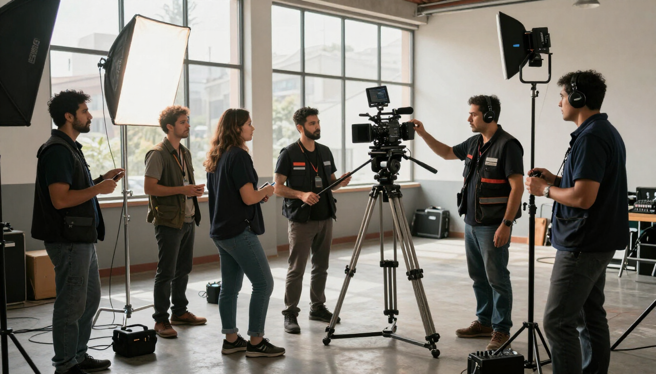 Equipo de rodaje grabando una entrevista en un estudio, con una cámara, luces y cinco personas alrededor del equipo.