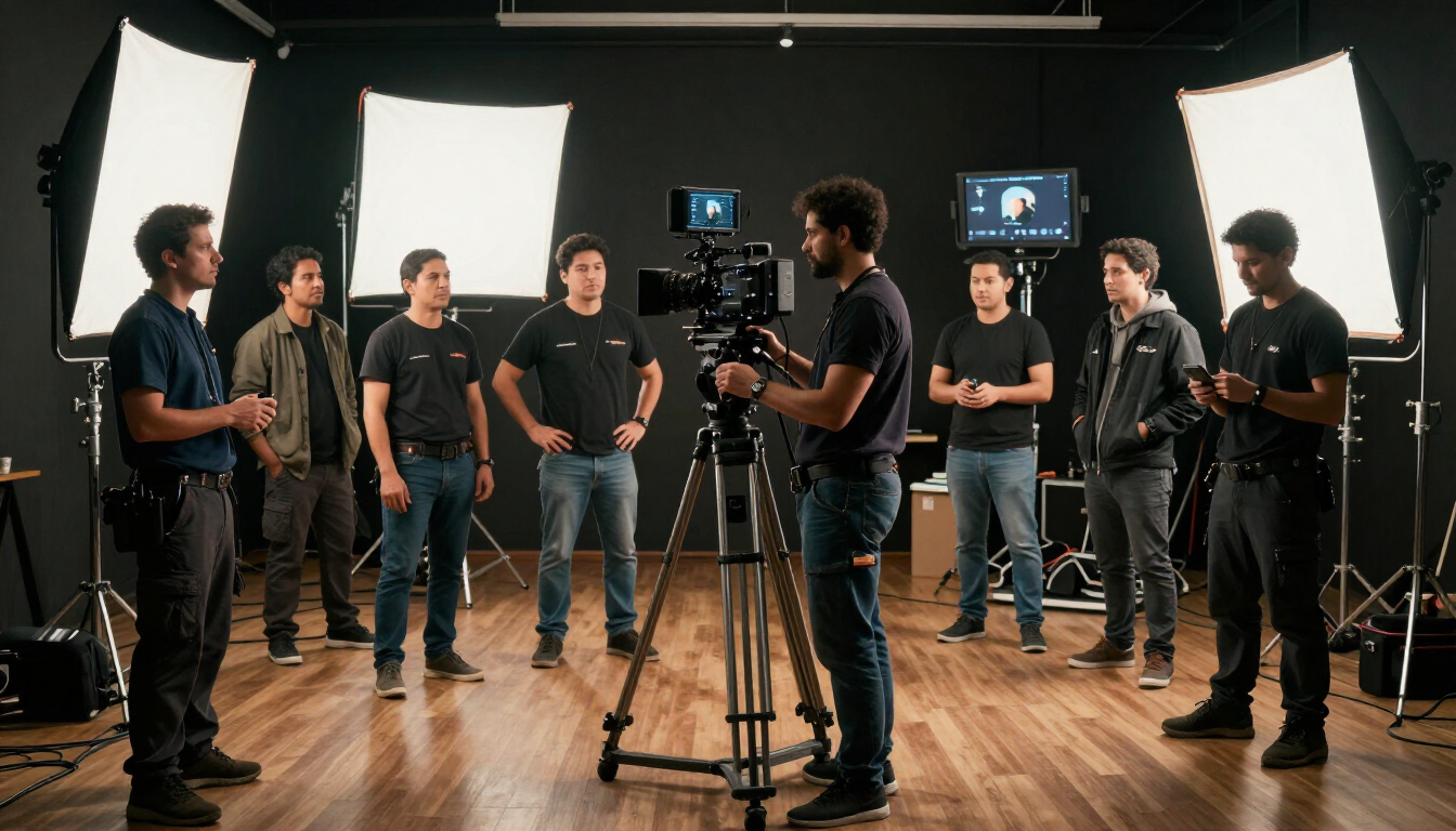 Equipo de rodaje en un estudio alrededor de un equipo de cámara, con softboxes y monitores instalados detrás.