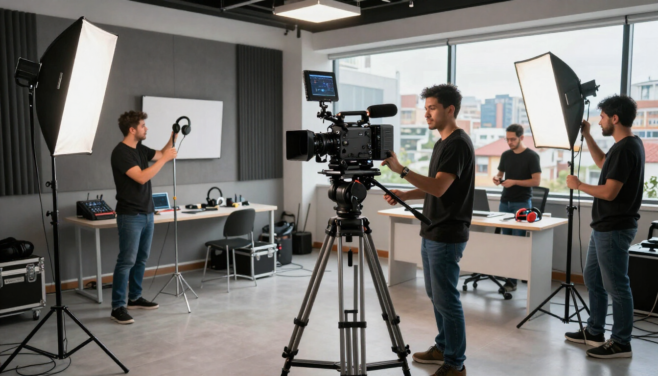 Equipo de rodaje filmando en un estudio, con una cámara, luces y personal alrededor de una mesa con productos.