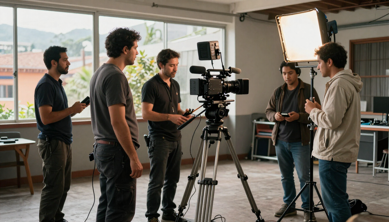 Equipo de rodaje preparando una cámara en un estudio luminoso con grandes ventanales y vistas a la ciudad.