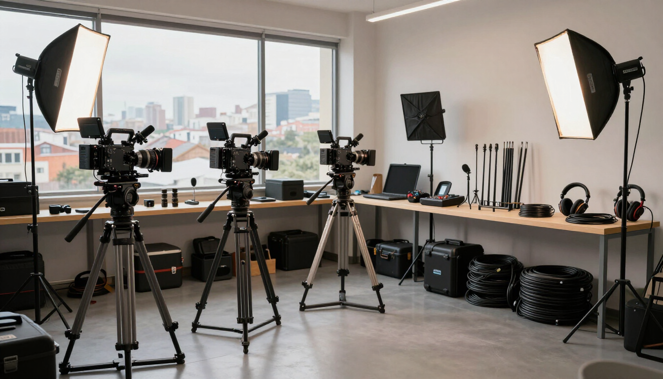 Estudio fotográfico con trípodes, cámaras, luces softbox y escritorios junto a un gran ventanal