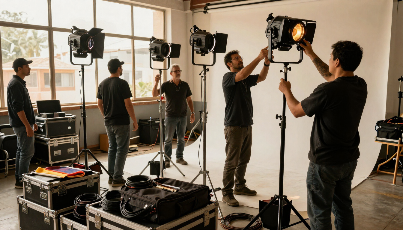 El equipo de rodaje instala focos y equipo de filmación en una sala luminosa.