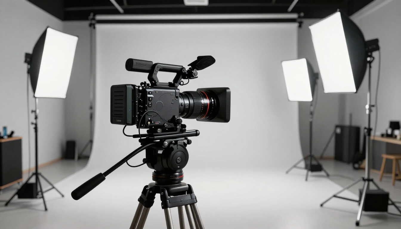 Cámara de vídeo sobre un trípode en un estudio con focos softbox brillantes y un fondo blanco