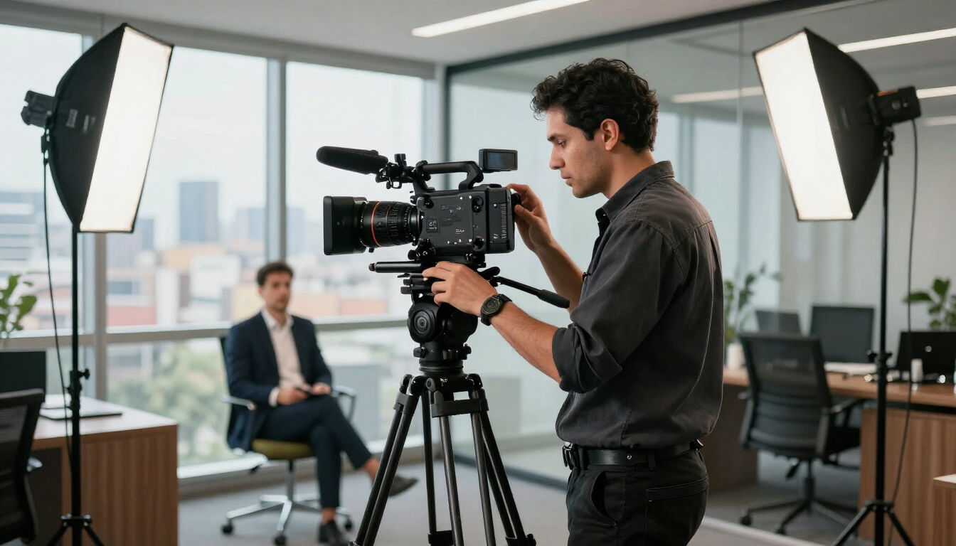 Videógrafo grabando a un ponente sentado en un estudio de oficina con luces y una cámara en un trípode