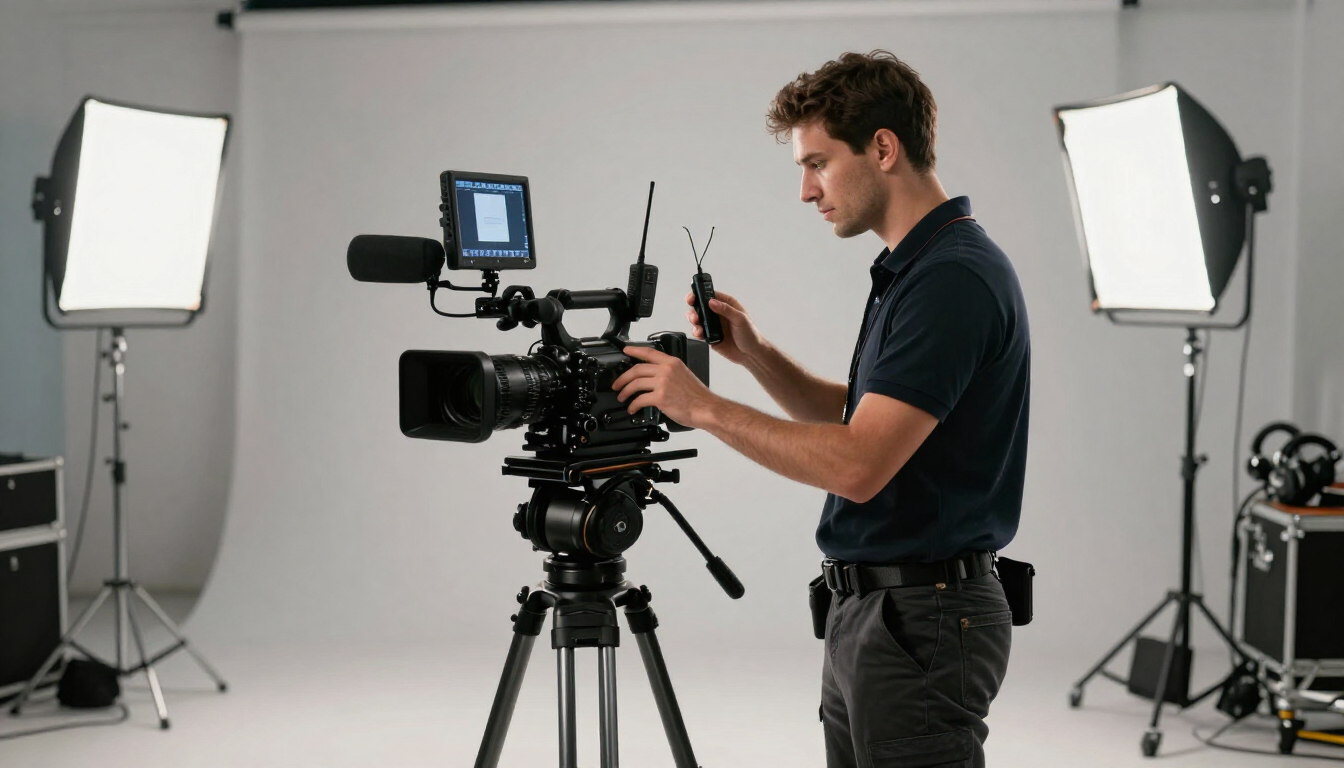 Videógrafo ajustando una cámara en un trípode en un estudio con focos softbox brillantes