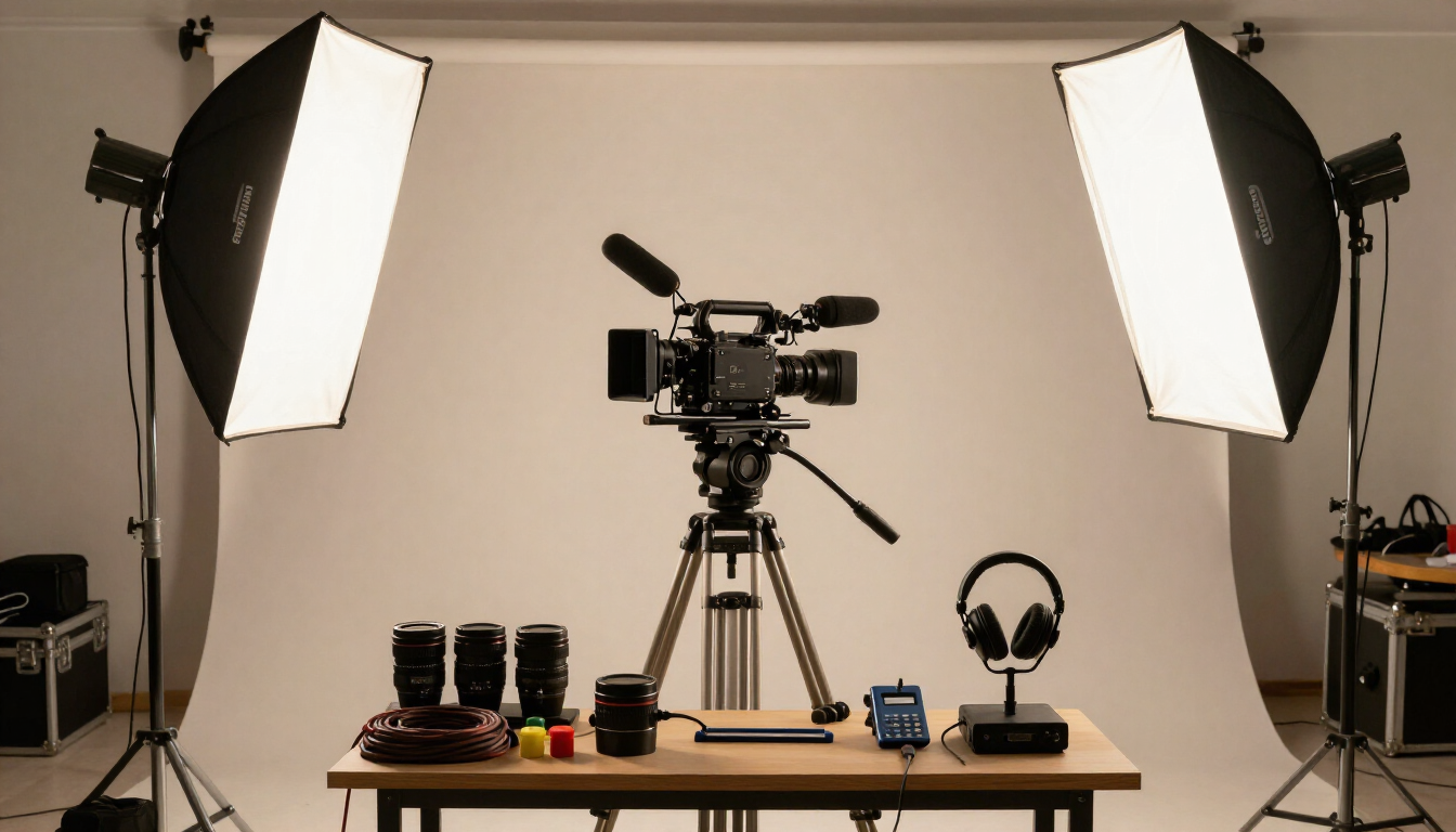 Estudio equipado con una cámara en un trípode, dos softboxes y una mesa con objetivos y equipo, frente a un fondo.