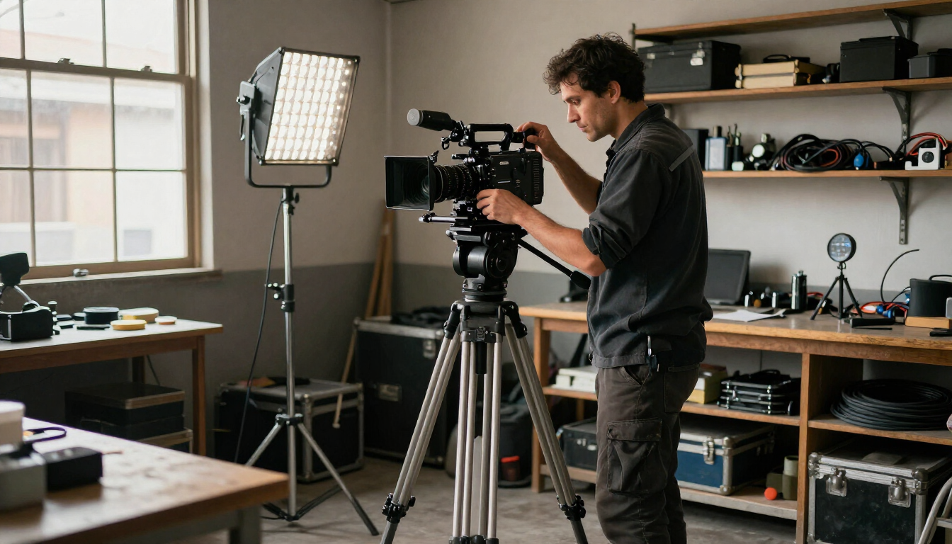 Una persona está grabando con una cámara profesional sobre un trípode en un estudio taller.