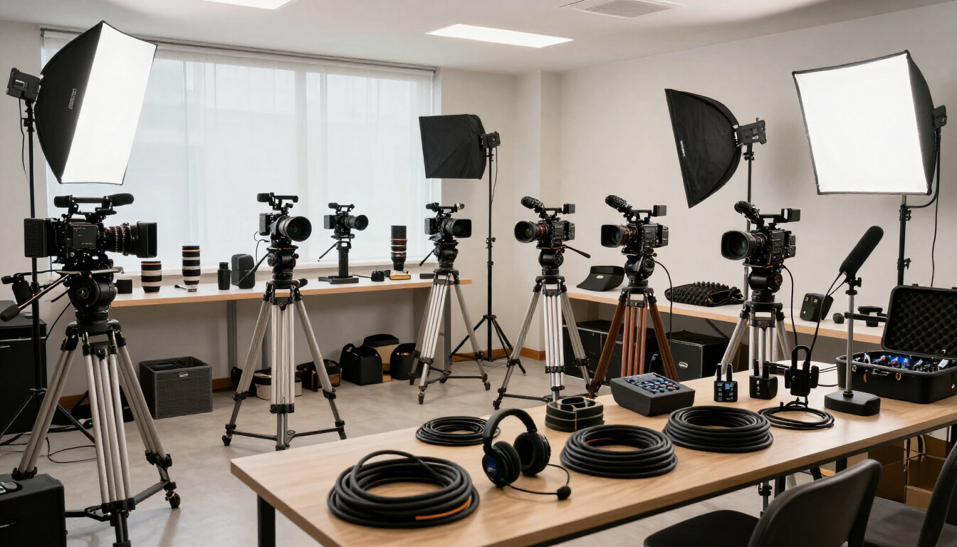 Estudio equipado con cámaras, trípodes, luces y cables enrollados para una grabación de vídeo.