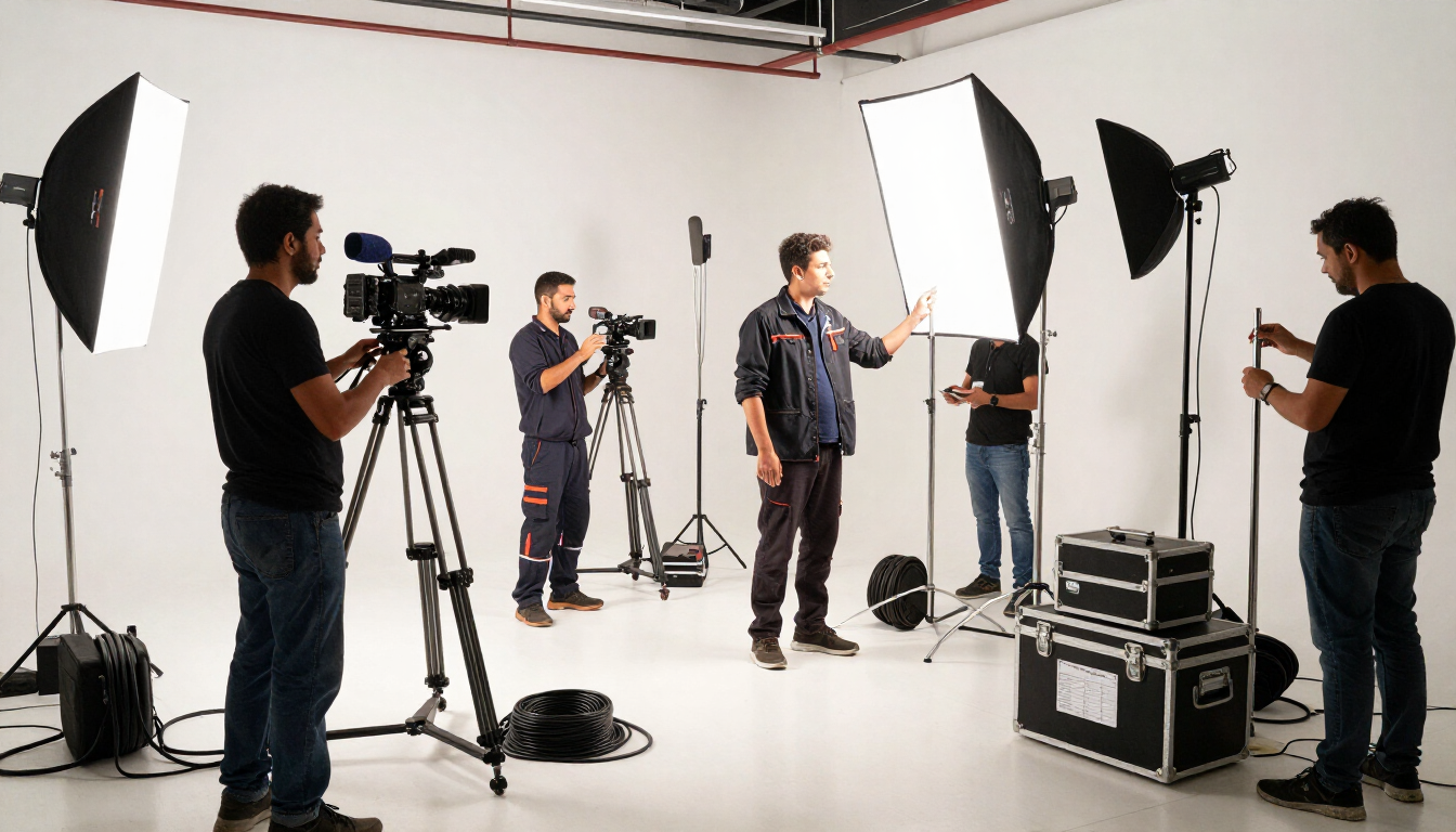Estudio fotográfico con un equipo de rodaje filmando a un hombre mientras habla.