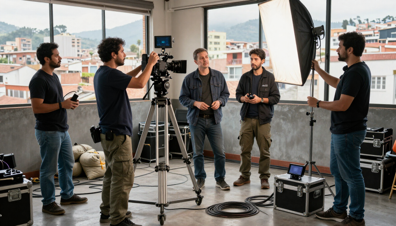 Equipo de vídeo grabando una entrevista en un apartamento tipo estudio luminoso con vistas a la ciudad