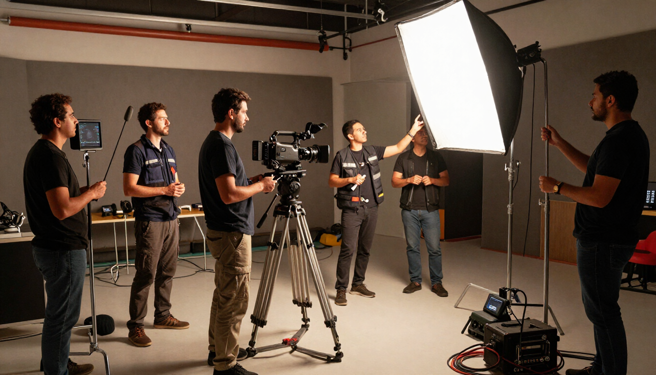 Equipo de rodaje filmando en un estudio, con una cámara, luces y miembros del equipo alrededor de un decorado.