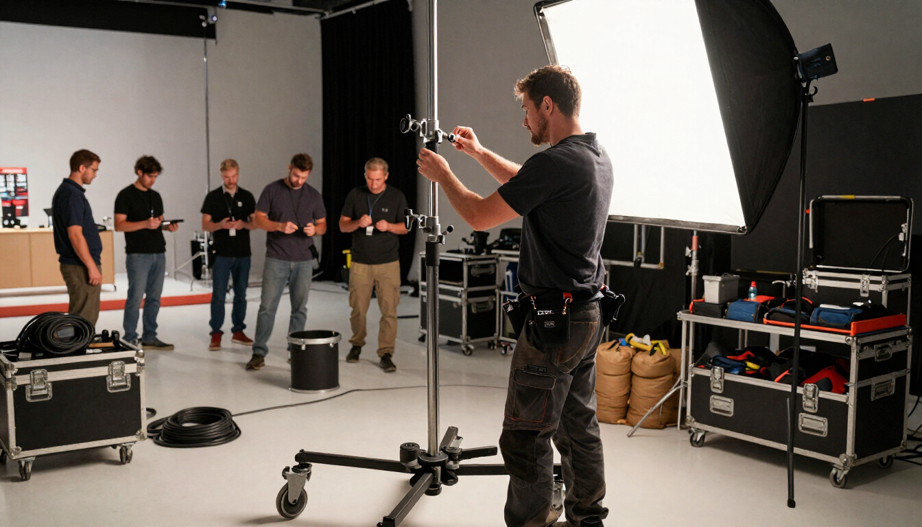 Fotógrafo dando instrucciones a un grupo en un estudio, entre focos y maletas de equipo