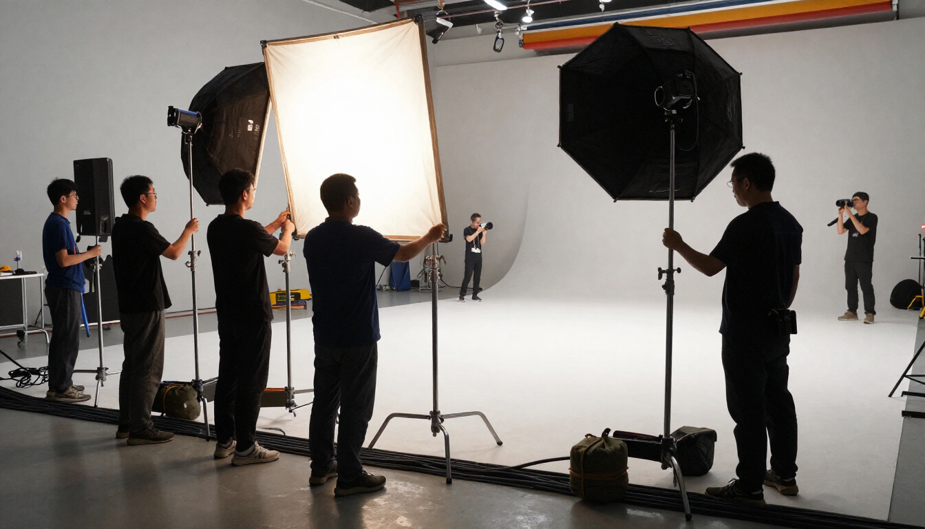 Sesión de fotos en estudio con el equipo y las luces alrededor de un fondo blanco