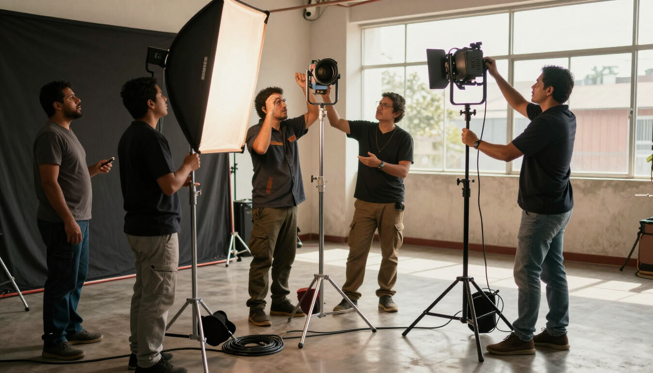 Equipo de rodaje preparando las luces y la cámara en un estudio con un gran telón de fondo y un suelo reflectante