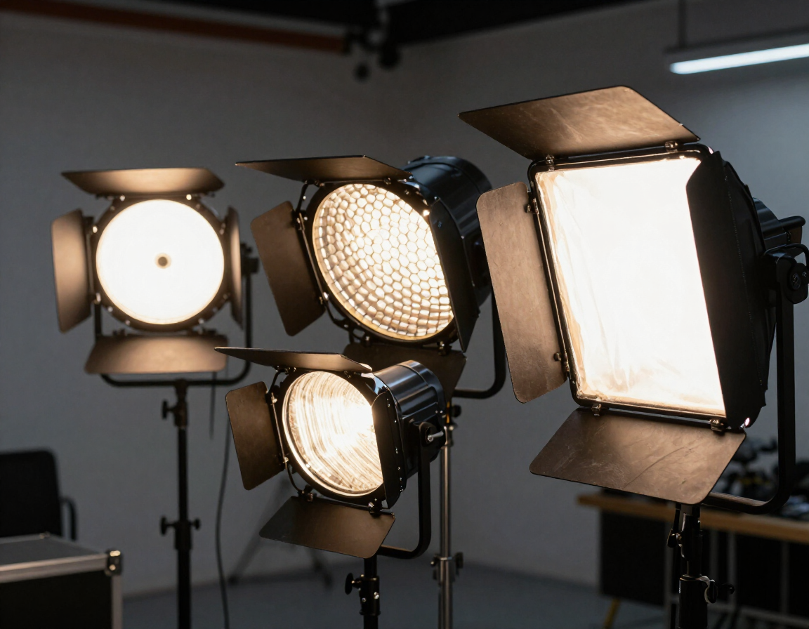 Equipo de iluminación de estudio con cuatro paneles luminosos sobre soportes frente a un fondo oscuro