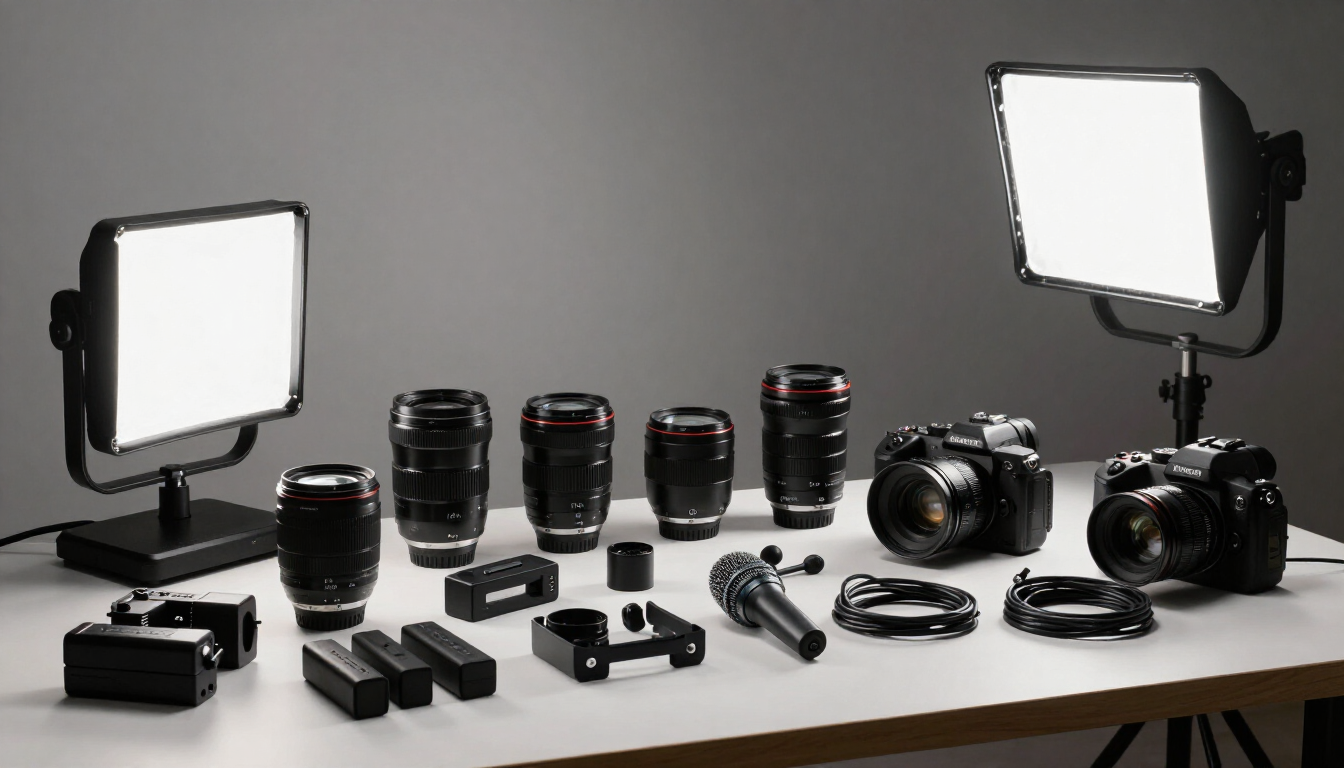 Equipo fotográfico dispuesto sobre una mesa, con dos focos LED de estudio, varios objetivos, cámaras y accesorios.
