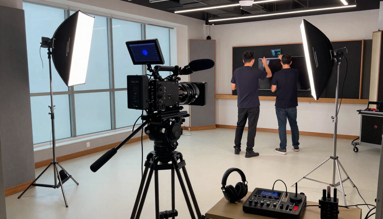 Equipo de rodaje en un estudio con luces, cámaras y dos personas preparando una grabación.