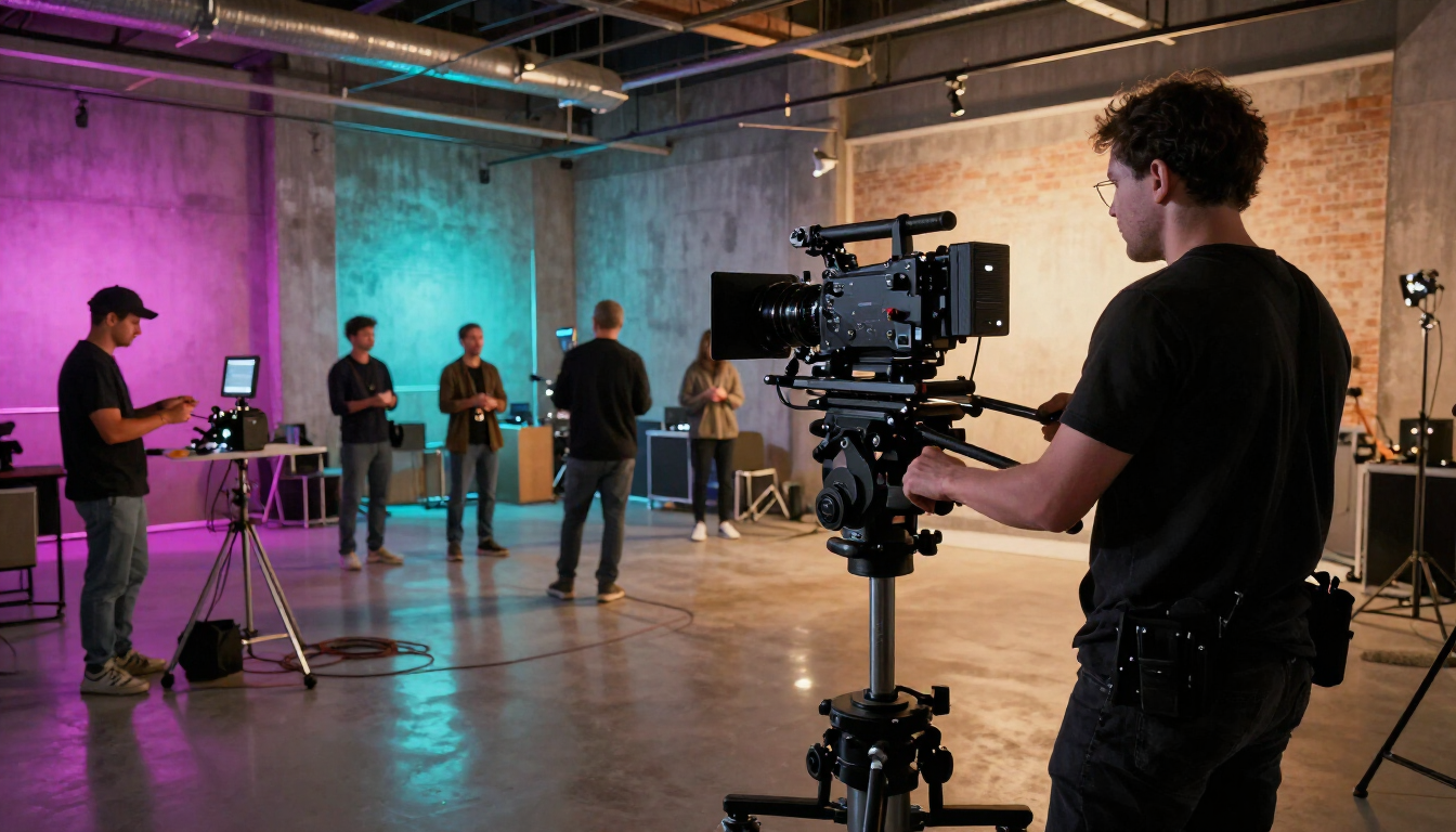 Equipo de rodaje grabando en un estudio, con cámaras, luces y varias personas en el set