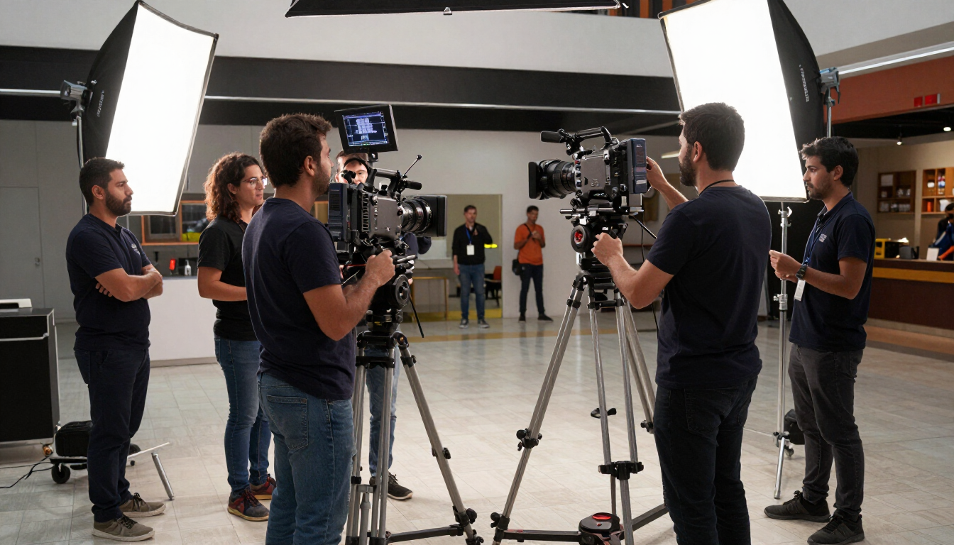 El equipo de rodaje prepara las cámaras y la iluminación en un estudio durante una grabación de vídeo