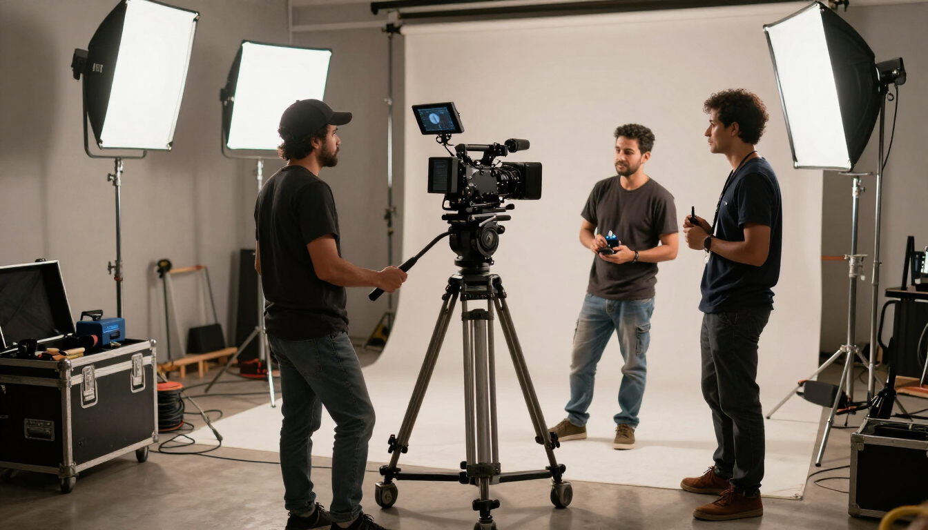 Equipo de rodaje filmando en un estudio con luces, una cámara y un trípode; tres personas de pie junto al equipo