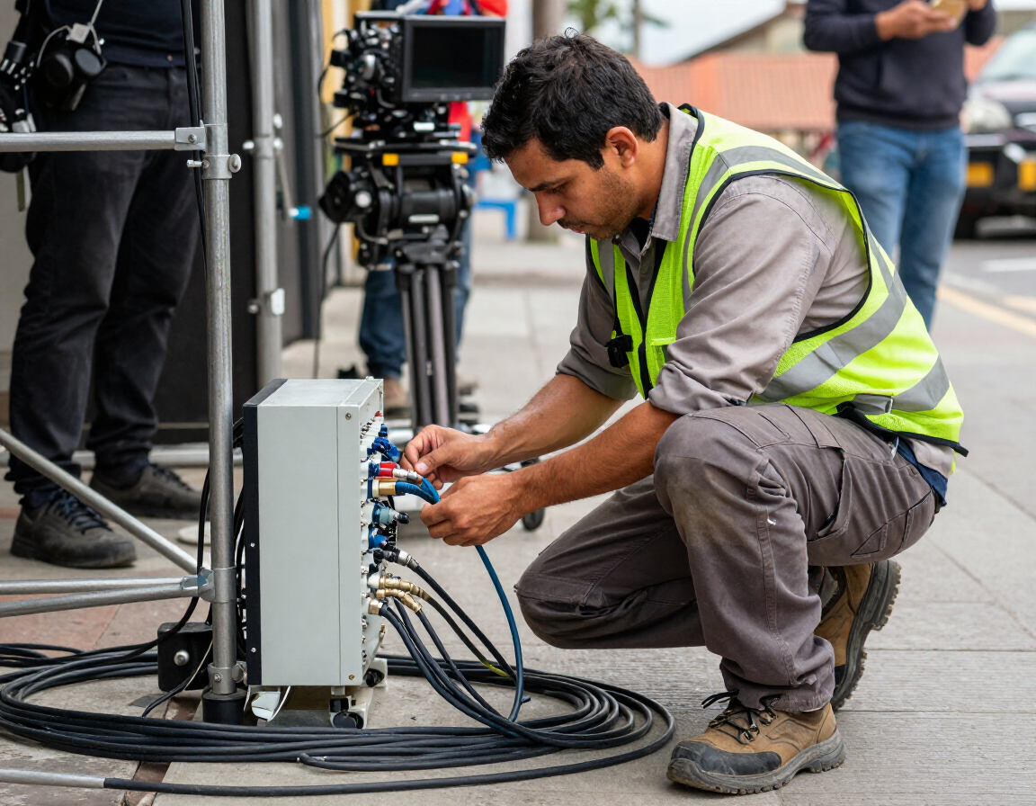 Un técnico con chaleco reflectante está agachado junto a un equipo, conectando cables en la acera.