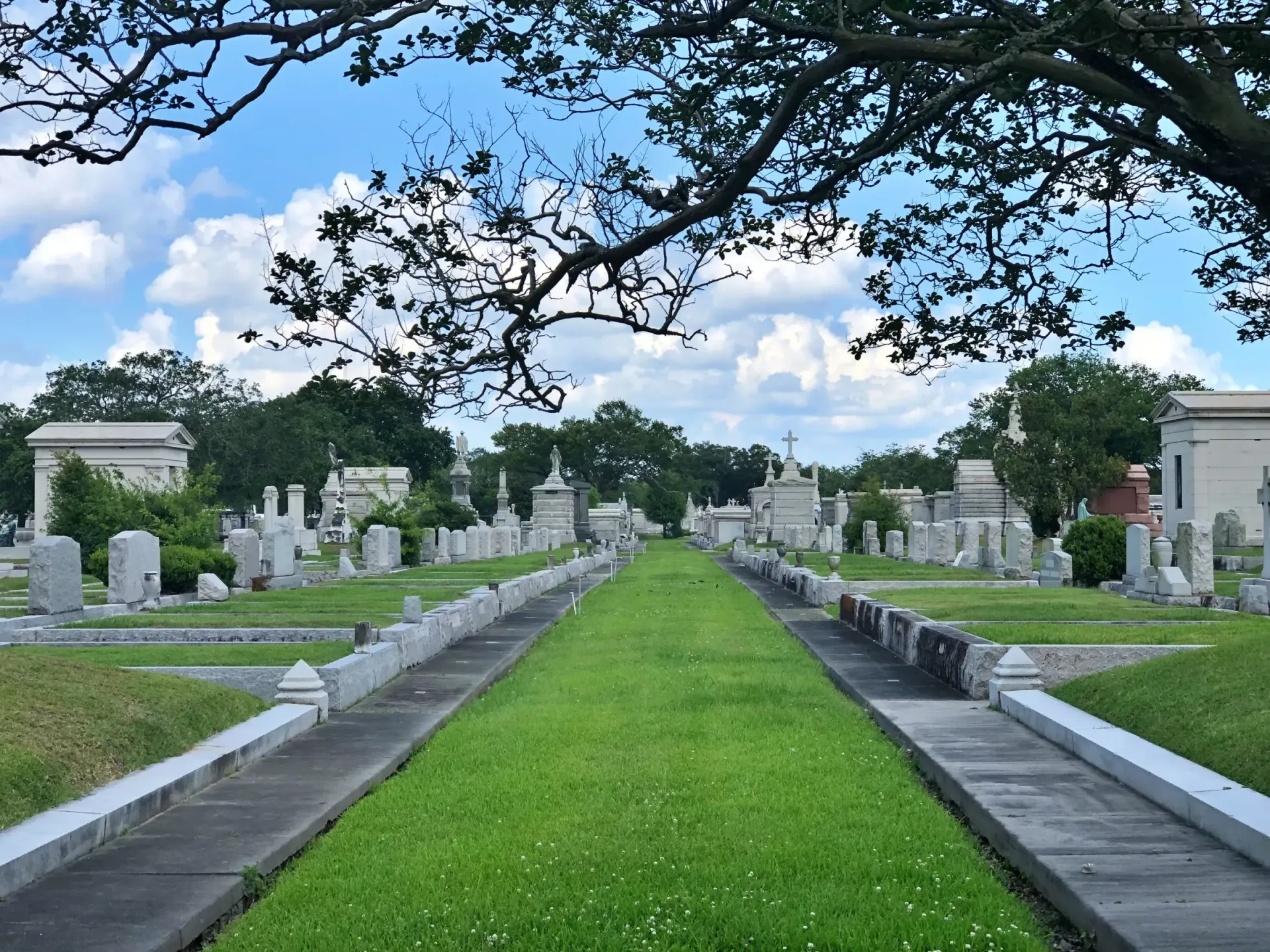 A cemetery with lots of graves and trees