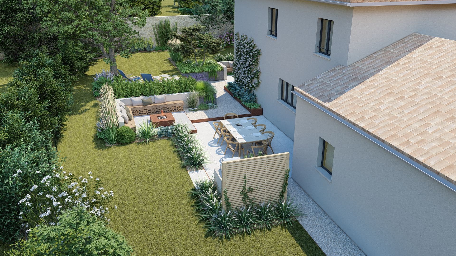 Vue 3D d'une terrasse au cœur du jardin avec salon extérieur, conception CréoJardins à Vertou