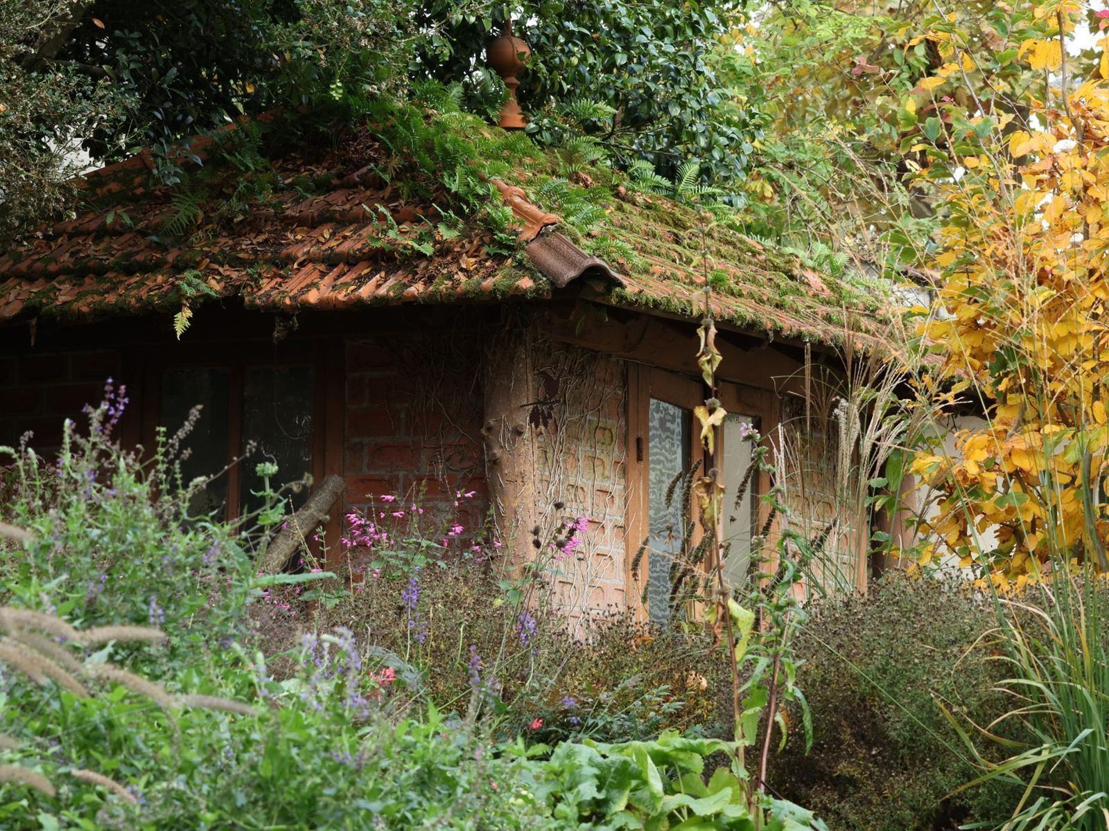 La même cabane après les travaux, intégrée par des massifs de vivaces et graminées à Nantes