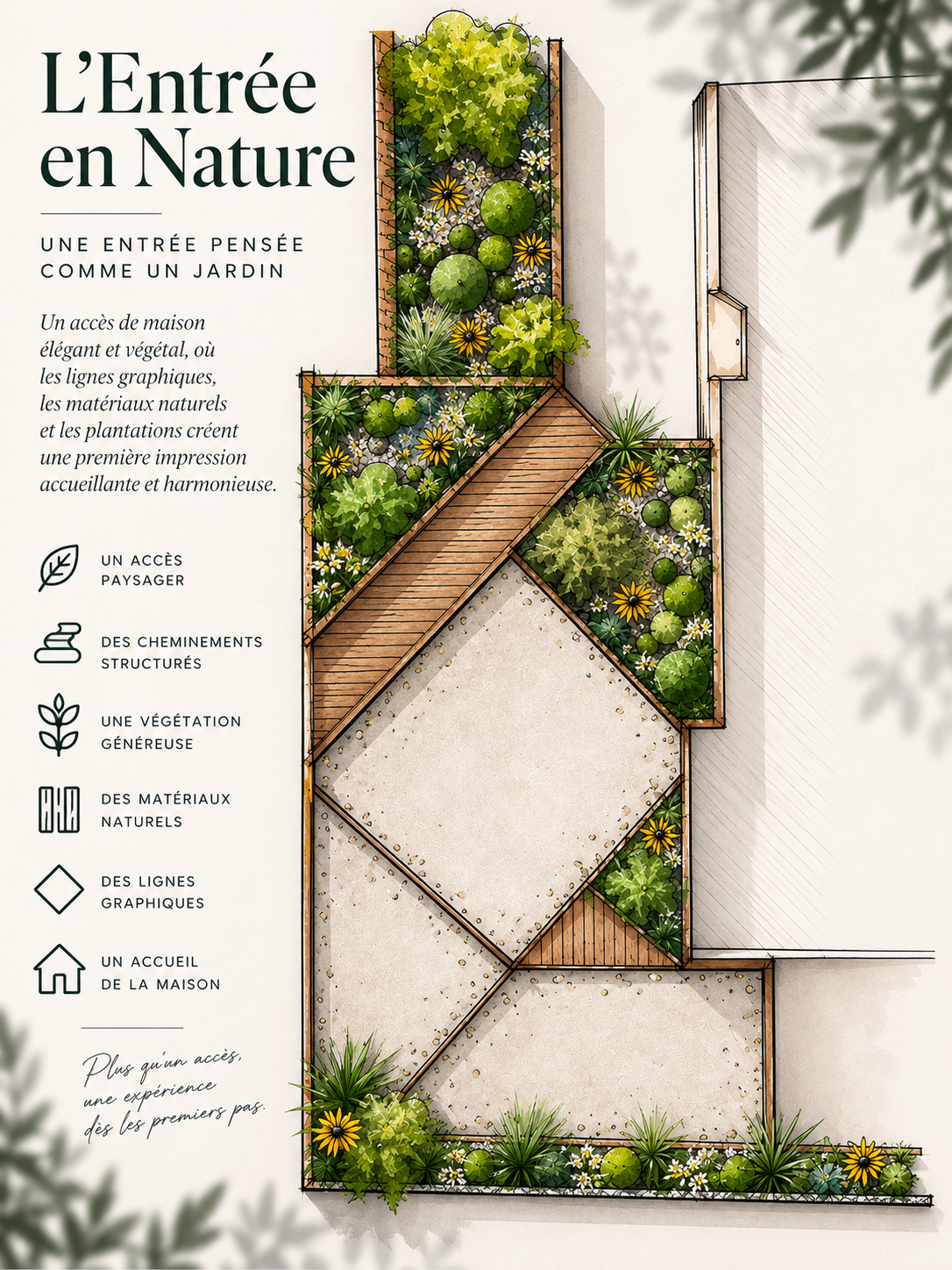Plan d'une entrée de maison paysagère et végétalisée avec cheminement en bois