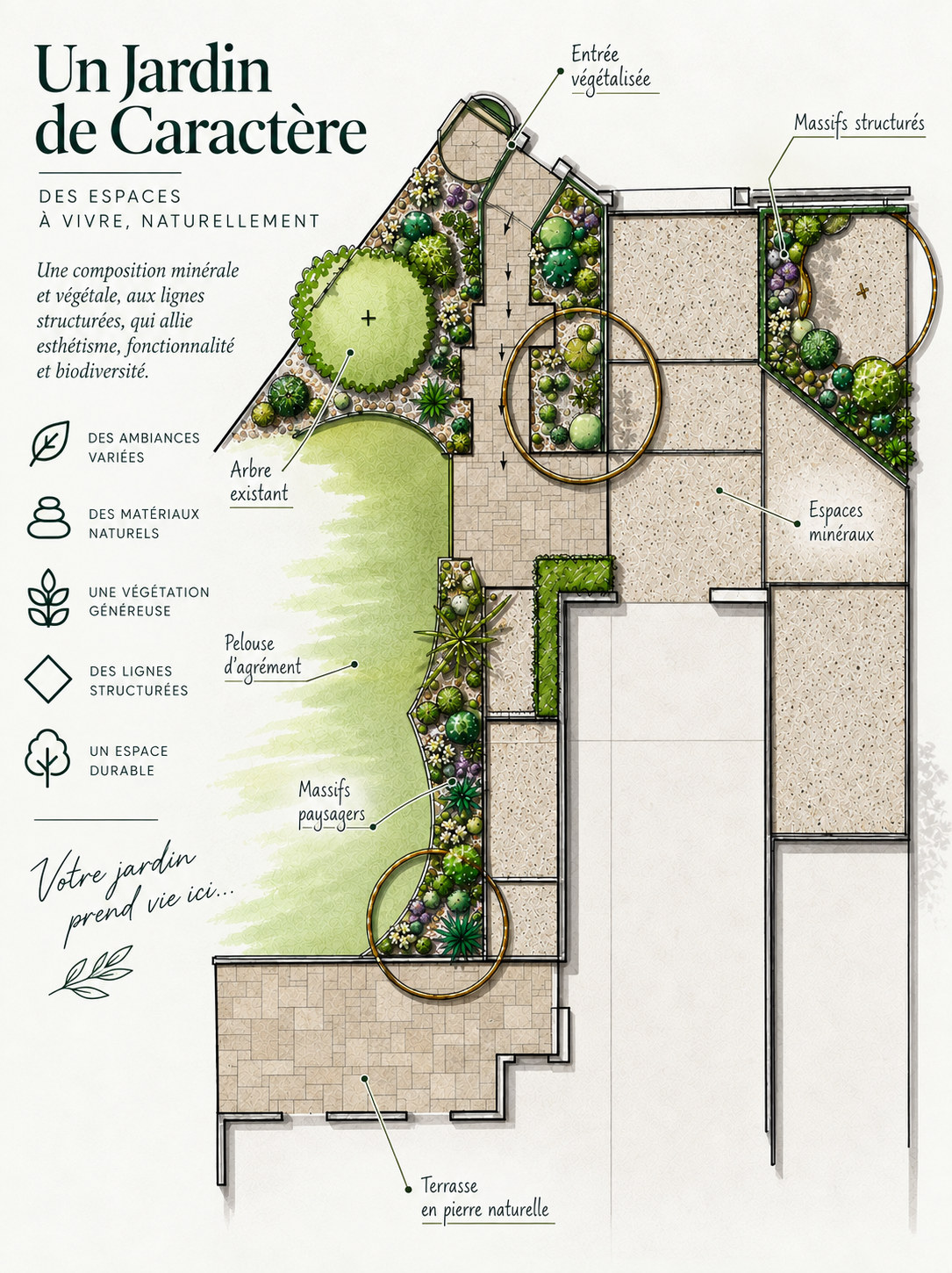 Plan paysager entre minéral et végétal avec pelouse, massifs et terrasse en pierre naturelle