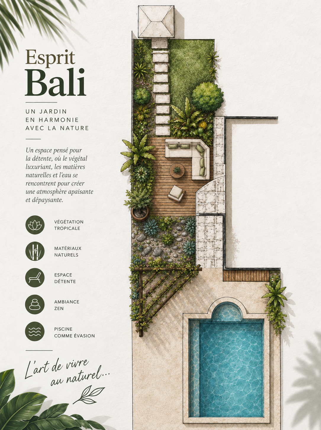 Plan de jardin esprit Bali avec piscine, terrasse bois et végétation tropicale, près de Nantes