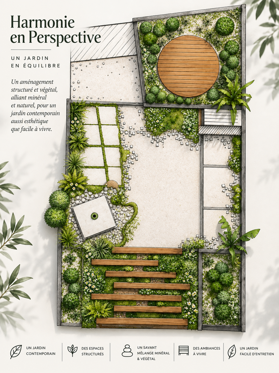 Plan paysager d'un jardin contemporain dessiné par CréoJardins, paysagiste à Vertou