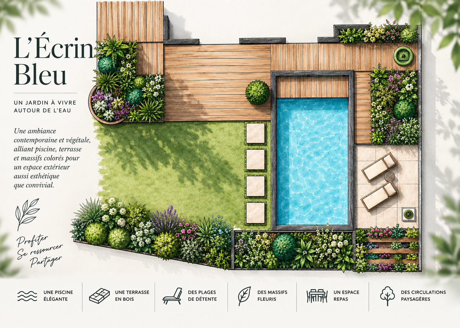Plan d'aménagement paysager autour d'une piscine avec terrasse bois et massifs fleuris