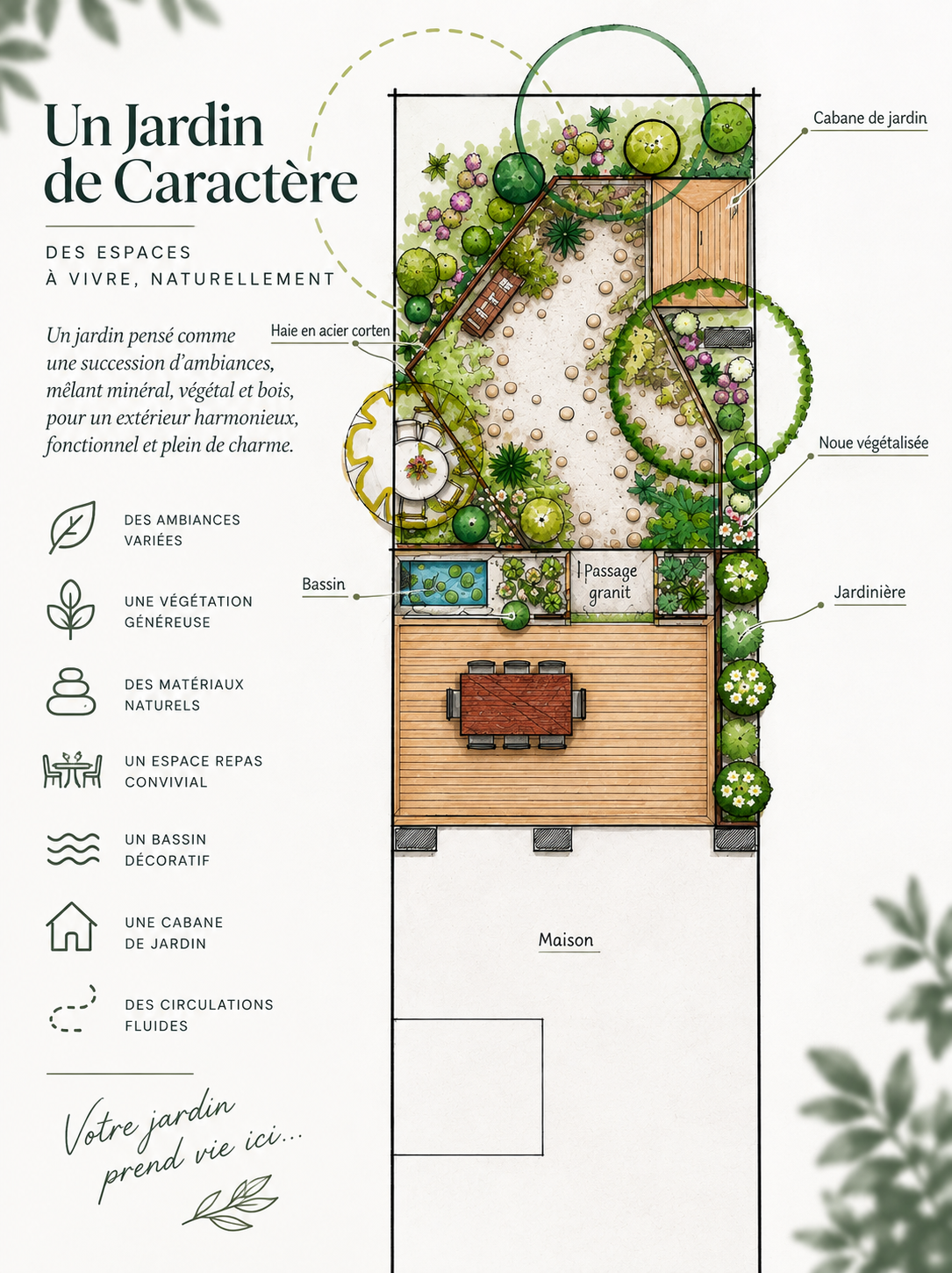 Plan de jardin de caractère avec bassin, terrasse et cabane de jardin, dessiné par CréoJardins