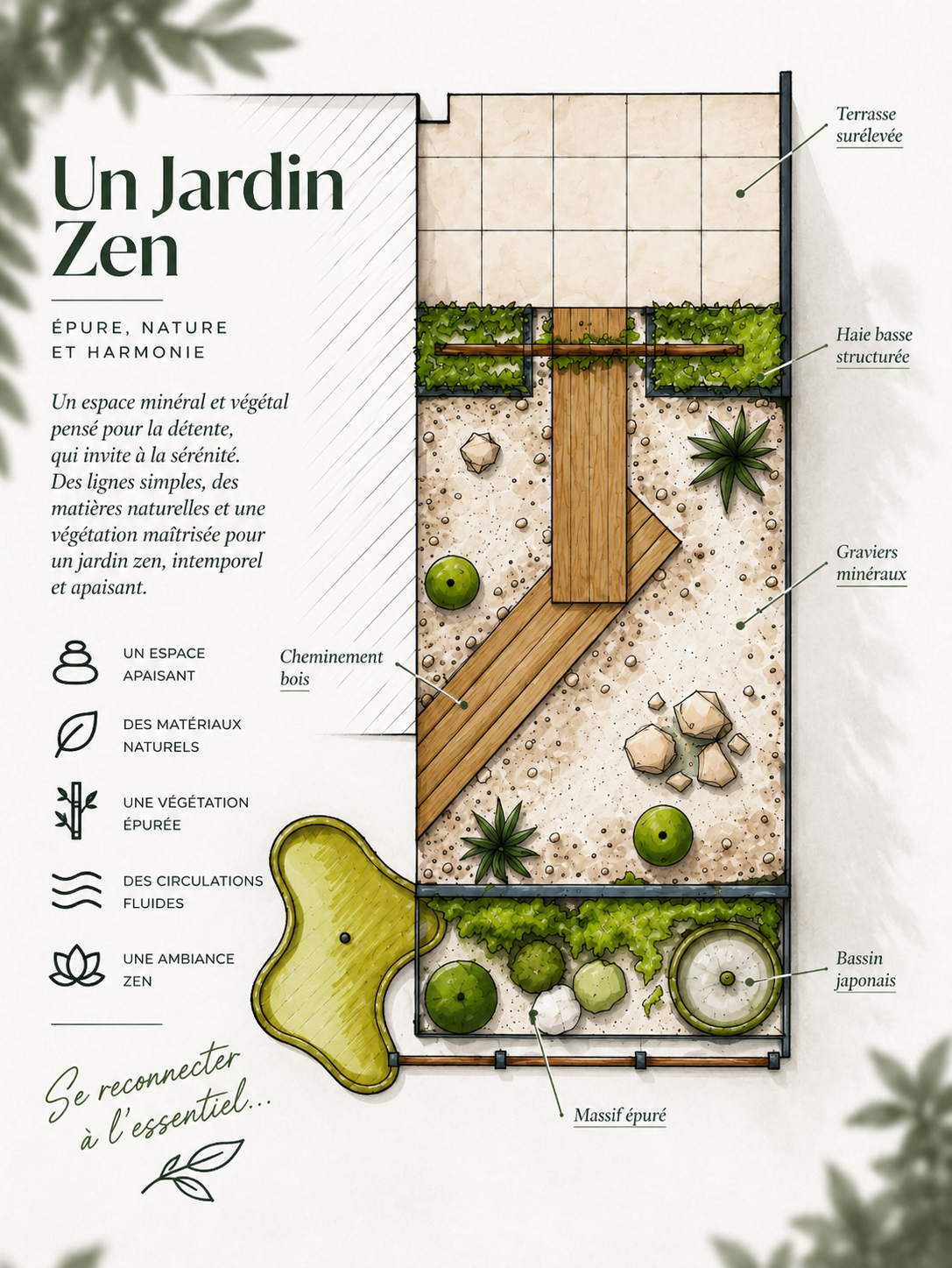 Plan de jardin zen avec graviers, cheminement bois et bassin japonais, CréoJardins paysagiste à Vertou