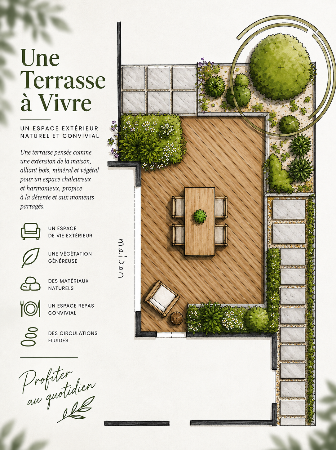 Plan paysager d'une terrasse en bois avec massifs et pas japonais, conception CréoJardins à Vertou