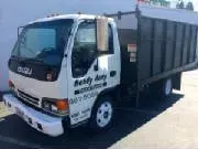 White Isuzu dump truck parked on pavement.