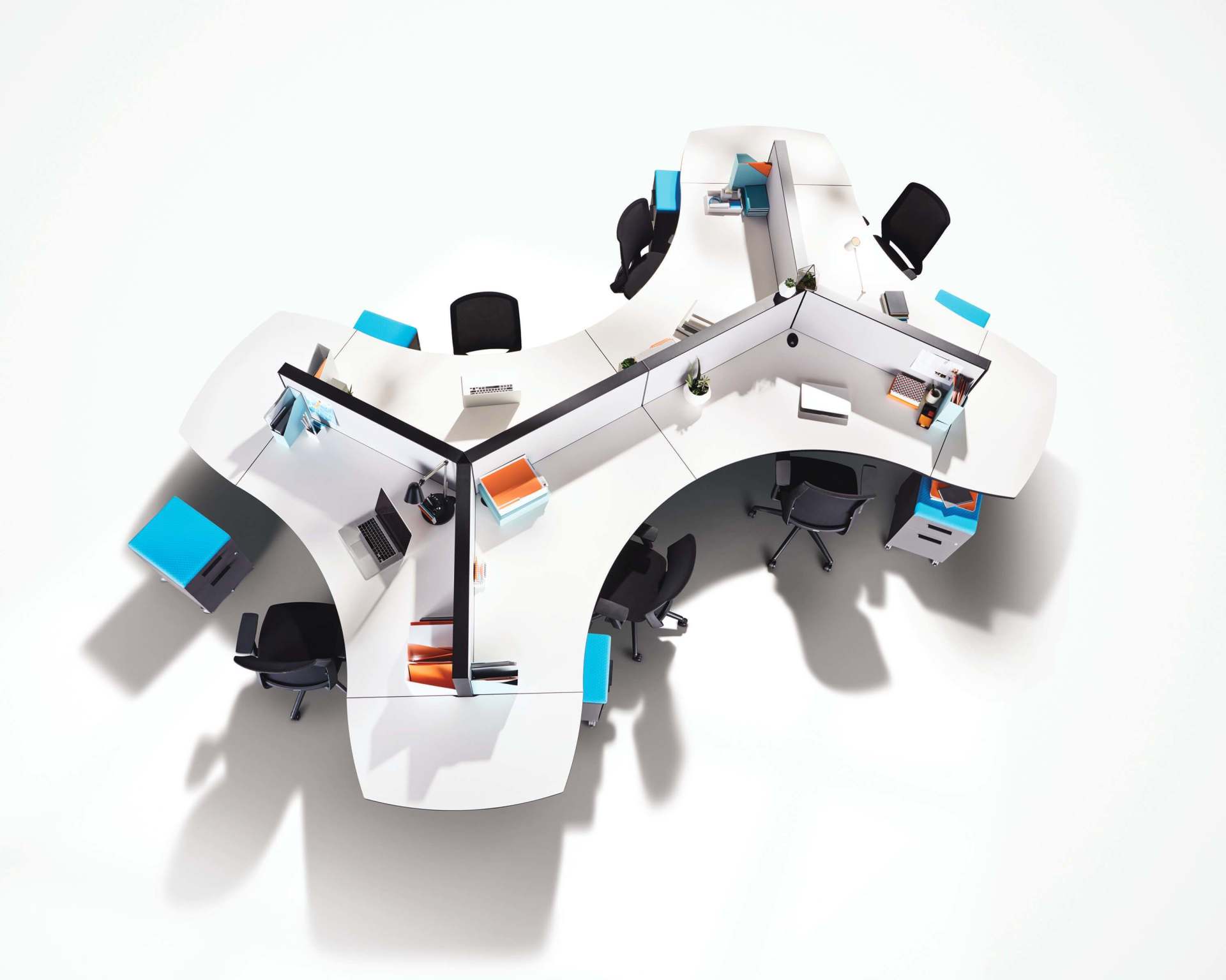 White dogbone-shape workstation for 6 with desk chairs, overhead