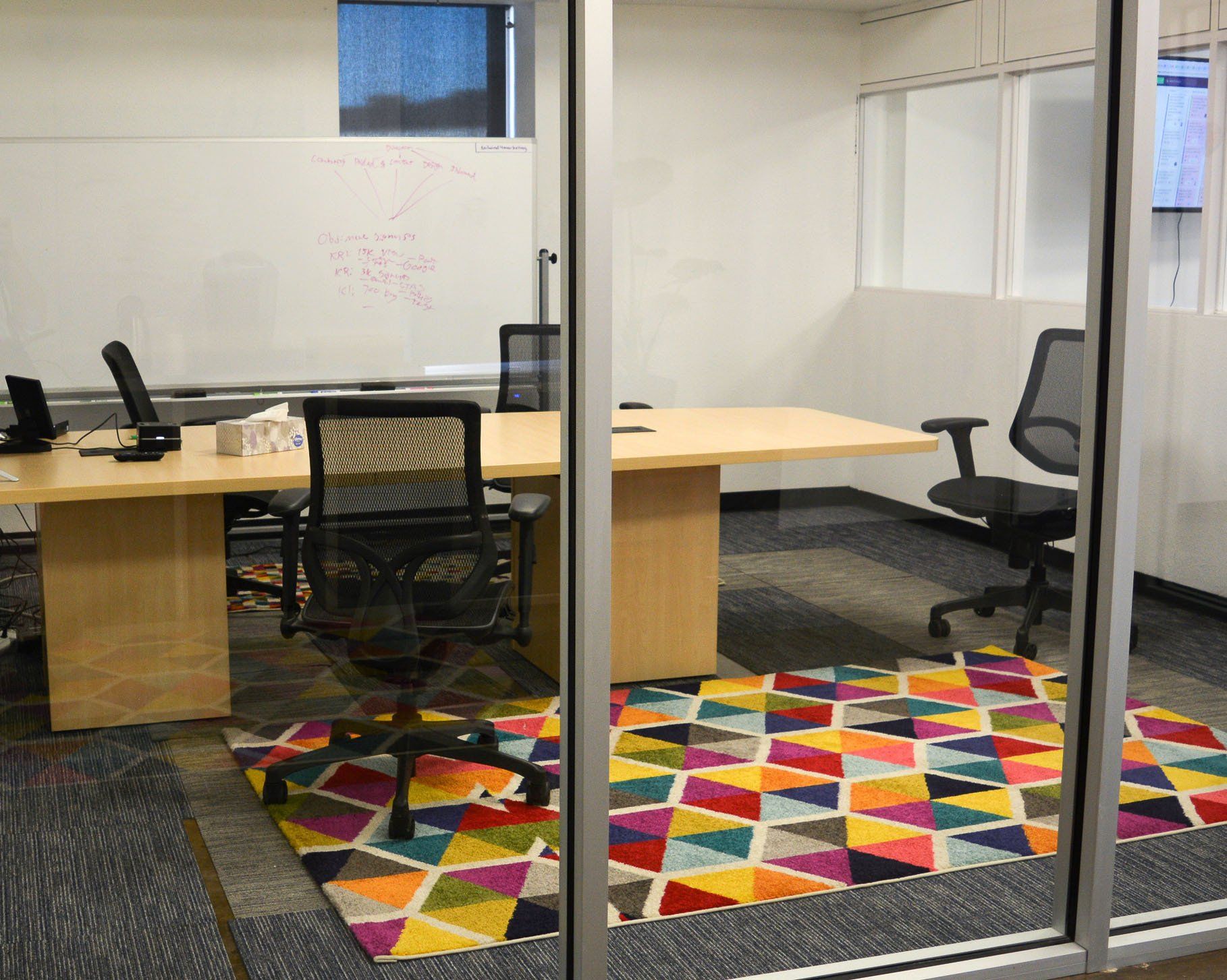 a room with a table and chairs and a white board it