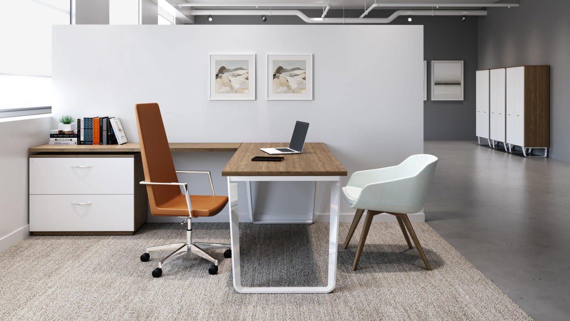Deskmakers Ribbon L-shape desk with lateral file pedestal