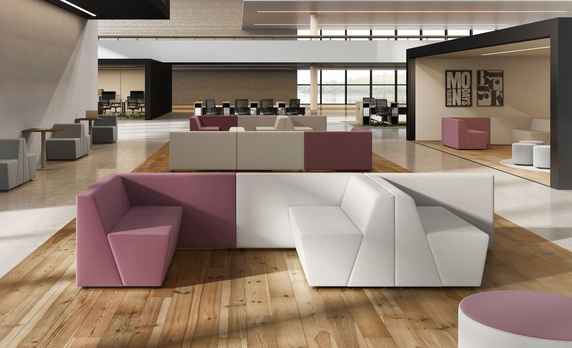 Modern office waiting area with geometric pink and white sofas on wooden floors.
