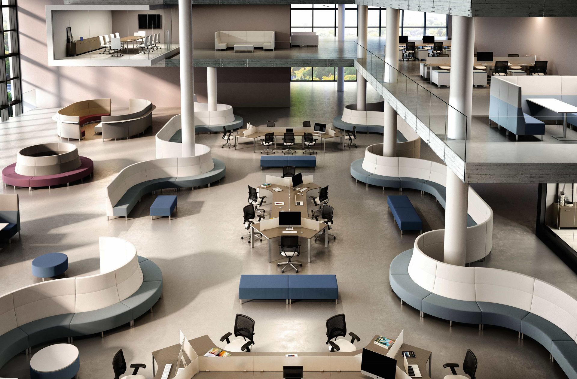Modern office space with curved seating, desks, and second-floor workspaces; neutral colors, natural light.