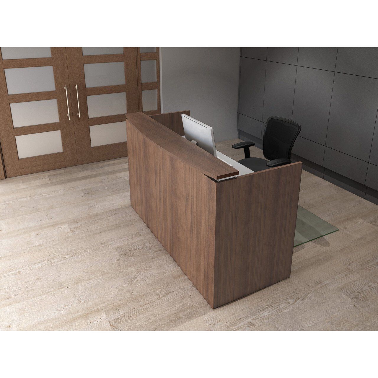 a wooden reception desk with a computer on it