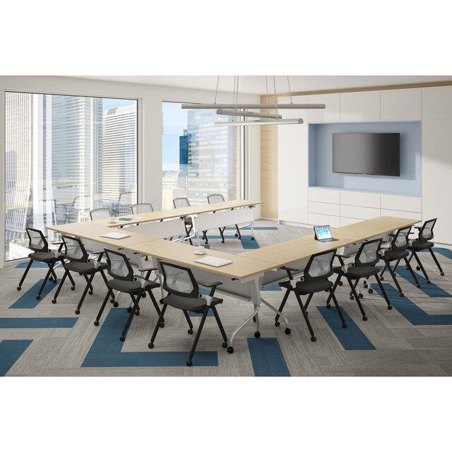 OS Flip top nesting tables & chairs with OS Training tables with modesty panel, U-shape configuration whiteboard
