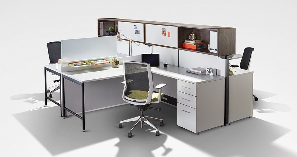Desk workstation 4-pack with shared overhead storage