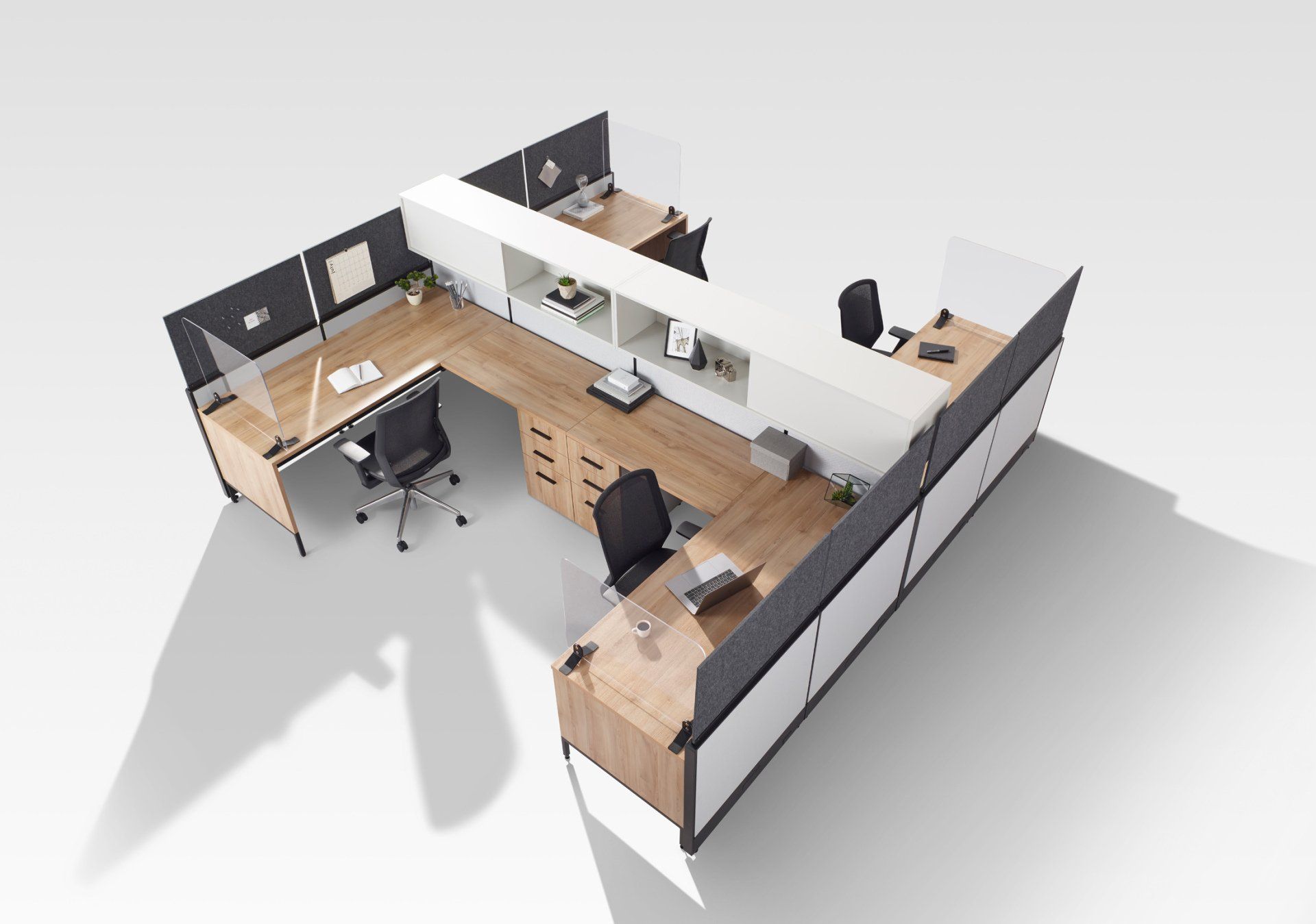 Open office cubicle 4-pack with acoustic PET panels, black chairs